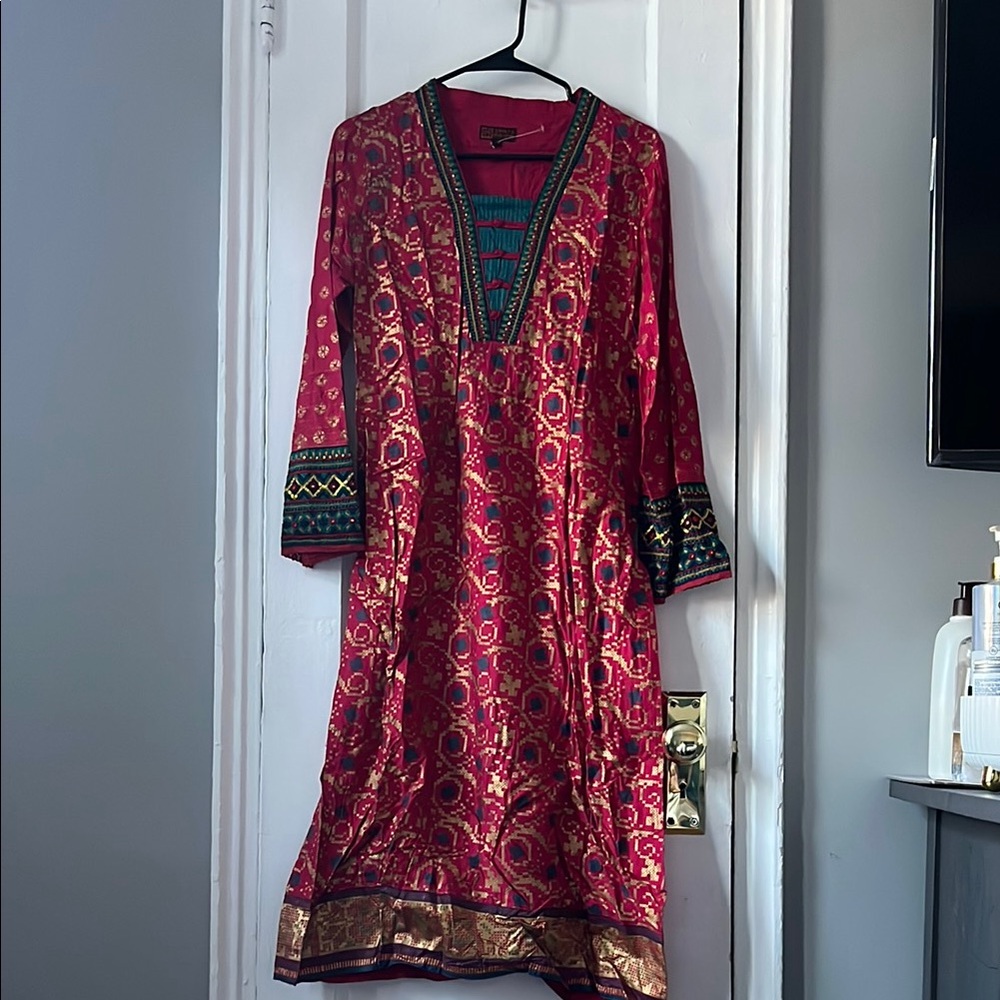 Vibrant Red and Gold Patterned Dress